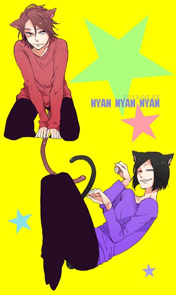 Anime picture 675x1129 with yowamushi pedal ibitani ryou machimiya eikichi yomimatigai tall image short hair black hair simple background smile brown hair animal ears looking away ahoge bent knee (knees) tail animal tail cat ears multiple boys cat tail kneeling