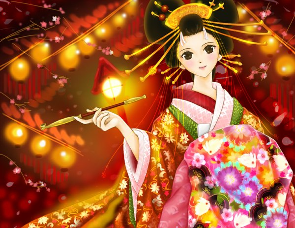Anime picture 1100x850 with original akko (pixiv) single blush black hair smile japanese clothes lips black eyes cherry blossoms girl hair ornament petals kimono lantern