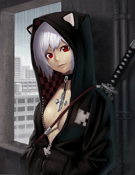 Anime picture 618x800 with original k+ single tall image looking at viewer fringe short hair light erotic red eyes animal ears sky cloud (clouds) white hair cat ears open clothes open jacket wet rain hands in pockets girl
