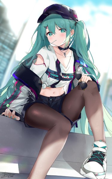 Anime picture 1275x2039 with vocaloid hatsune miku asahi kuroi single tall image looking at viewer blush fringe hair between eyes sitting twintails holding signed payot bent knee (knees) outdoors very long hair nail polish head tilt aqua eyes
