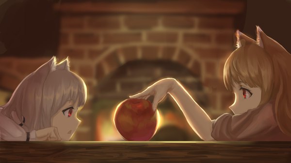 Anime picture 1920x1080 with spice and wolf horo myuri (spice and wolf) youzi (small shabao) fringe highres short hair open mouth red eyes brown hair wide image multiple girls holding animal ears silver hair indoors profile eye contact wolf ears twisty sleeves