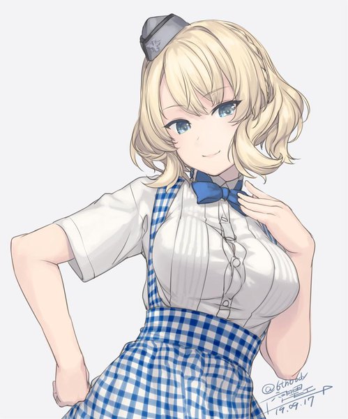 Anime picture 790x950 with kantai collection colorado battleship rokuwata tomoe single tall image looking at viewer short hair blue eyes simple background blonde hair smile signed upper body twitter username dated girl uniform hat bowtie mini hat