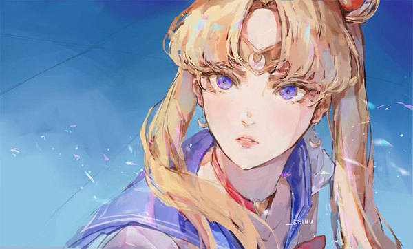 Anime picture 1100x663 with bishoujo senshi sailor moon toei animation tsukino usagi sailor moon keiuu single long hair blue eyes blonde hair wide image twintails signed looking away parted lips sailor collar meme screencap redraw sailor moon redraw challenge girl earrings