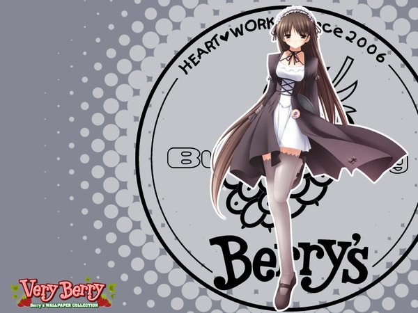 Anime picture 1600x1200 with berry's veryberry (artbook) gennosuke single long hair blush fringe brown hair brown eyes light smile grey background official art maid wallpaper copyright name hands behind back 2006 girl thighhighs lolita hairband