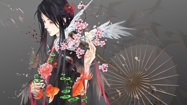 イラスト 1920x1080 と オリジナル eno (artist) ソロ 長髪 highres 開いた口 青い目 黒髪 wide image traditional clothes 和服 hair flower grey background looking down eyeshadow 女の子 髪飾り 花 動物 花弁