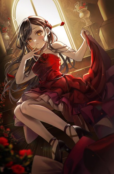 Anime picture 2660x4051 with project sekai shiraishi an shinku (user vvsh7744) single long hair tall image looking at viewer blush fringe highres black hair sitting bare shoulders brown eyes indoors blunt bangs parted lips high heels finger to mouth dress lift