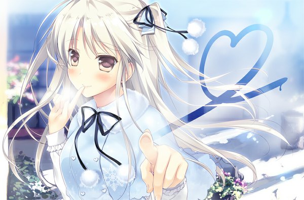 Anime picture 900x595 with original motomiya mitsuki single long hair looking at viewer blush yellow eyes white hair finger to mouth girl dress bow hair bow