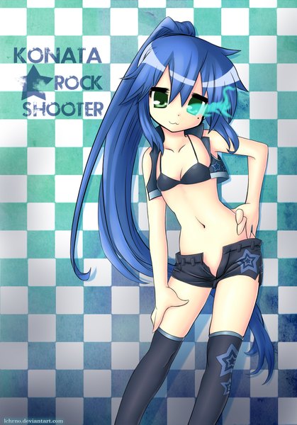 Anime picture 1350x1931 with black rock shooter lucky star kyoto animation izumi konata lchrno single tall image light erotic green eyes blue hair ponytail very long hair mole bare belly hand on hip mole under eye glowing glowing eye (eyes) cosplay checkered