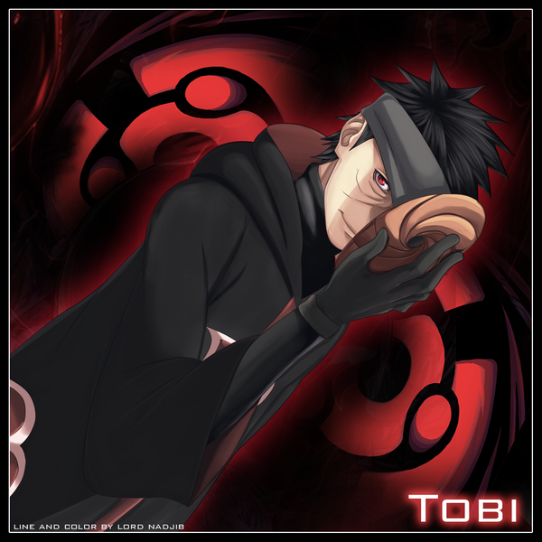 Anime picture 1557x1557 with naruto studio pierrot naruto (series) uchiha obito tobi lord-nadjib (artist) single short hair black hair smile red eyes inscription coloring framed akatsuki sharingan boy gloves cloak mask