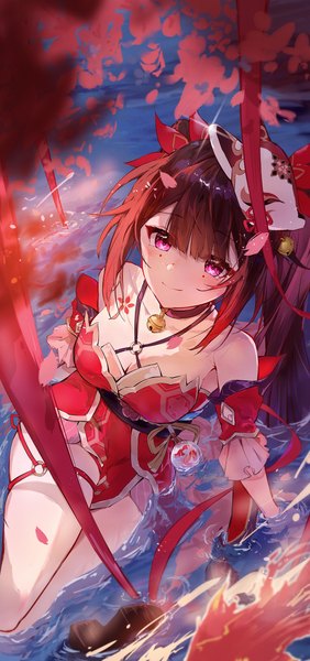 Anime picture 2480x5282 with honkai: star rail honkai (series) sparkle (honkai: star rail) feng1180 single long hair tall image looking at viewer blush fringe highres breasts light erotic smile brown hair sitting twintails bare shoulders blunt bangs pink eyes