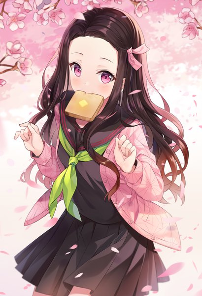 Anime picture 1000x1460 with kimetsu no yaiba ufotable kamado nezuko hitsukuya single long hair tall image looking at viewer blush black hair standing holding payot long sleeves pleated skirt pink eyes multicolored hair open clothes two-tone hair alternate costume