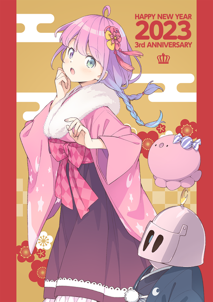 Anime picture 955x1351 with virtual youtuber hololive himemori luna himemori luna (new year) luknight (himemori luna) kanzaki hiro single long hair tall image looking at viewer open mouth pink hair ahoge braid (braids) traditional clothes japanese clothes heterochromia twin braids official alternate costume gradient hair