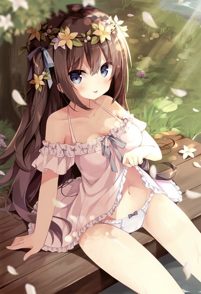 Anime picture 2253x3300 with melonbooks hoshi (snacherubi) single long hair tall image looking at viewer blush fringe highres breasts blue eyes light erotic hair between eyes brown hair bare shoulders cleavage outdoors sunlight scan one side up