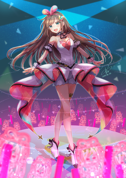 Anime picture 2508x3541 with virtual youtuber a.i. channel kizuna ai kizuna ai (anniversary) akowazaki single long hair tall image blush fringe highres breasts open mouth smile brown hair standing bare shoulders green eyes signed payot