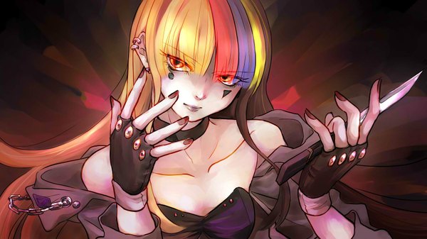 Anime picture 1728x972 with vocaloid galaco single long hair looking at viewer highres blonde hair red eyes brown hair wide image bare shoulders multicolored hair streaked hair piercing girl fingerless gloves knife