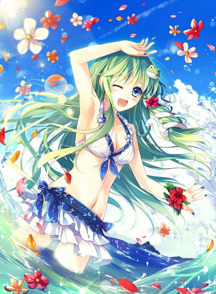 Anime picture 715x974 with touhou kochiya sanae mochizuki shiina single long hair tall image blush open mouth blue eyes light erotic smile sky cloud (clouds) nail polish :d one eye closed green hair wink sunlight armpit (armpits)