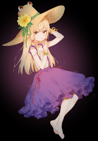 Anime picture 978x1406 with touhou moriya suwako hajin single long hair tall image looking at viewer fringe simple background blonde hair signed full body barefoot orange eyes gradient background arm behind head strap slip frilly skirt purple background tress ribbon