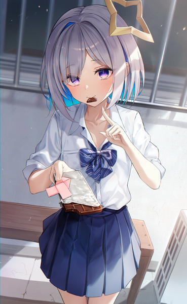 Anime picture 1846x3000 with virtual youtuber hololive amane kanata sira (user dswn7488) single tall image looking at viewer fringe highres short hair purple eyes holding silver hair pleated skirt multicolored hair mouth hold colored inner hair outstretched hand valentine food in mouth