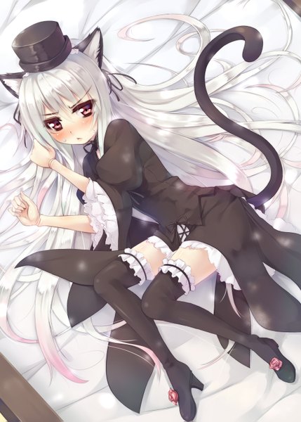 Anime picture 1000x1399 with rozen maiden suigintou single tall image blush red eyes animal ears white hair lying very long hair cat ears cat girl cat tail girl thighhighs dress black thighhighs hat