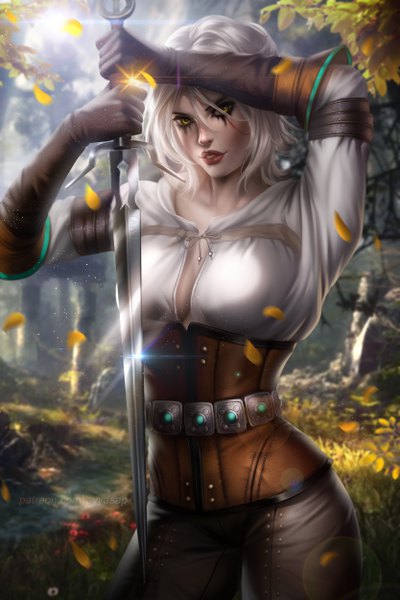 Anime-Bild 3333x5000 mit the witcher the witcher 3 wild hunt ciri ayyasap single tall image looking at viewer fringe highres short hair breasts light erotic hair between eyes large breasts standing holding signed yellow eyes absurdres silver hair