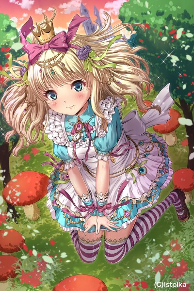 Anime picture 800x1200 with alice in wonderland alice (wonderland) chaki-yam single long hair tall image looking at viewer blush fringe blonde hair sky bent knee (knees) outdoors aqua eyes light smile puffy sleeves striped frilled dress jumping girl