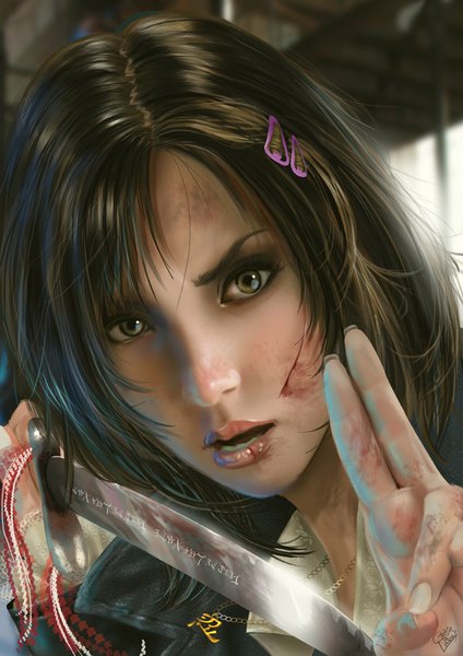 Anime picture 601x850 with cris delara single tall image looking at viewer short hair black hair lips black eyes close-up face girl hair ornament hairclip blood knife