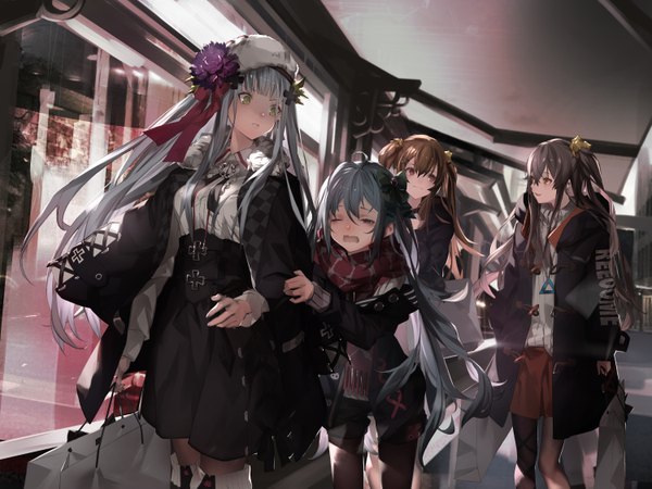Anime picture 6000x4500 with girls frontline hk416 (girls frontline) ump45 (girls frontline) ump9 (girls frontline) g11 (girls frontline) miya-ki (miya key) long hair fringe highres open mouth hair between eyes red eyes brown hair twintails multiple girls holding brown eyes green eyes payot looking away