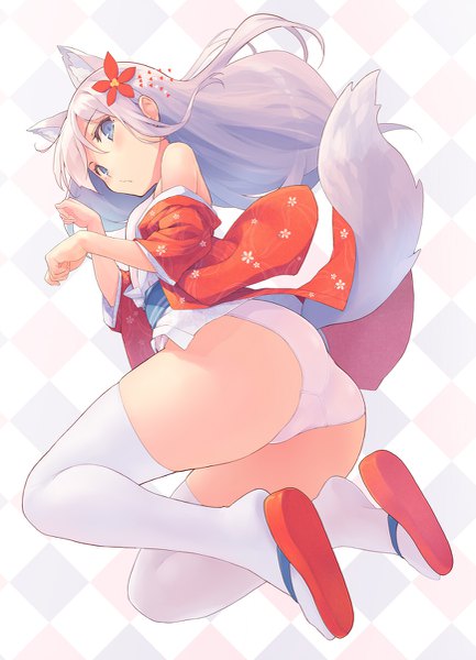 Anime picture 867x1200 with original kekemotsu single long hair tall image looking at viewer blush blue eyes light erotic simple background white background bare shoulders animal ears silver hair full body bent knee (knees) ass tail traditional clothes animal tail