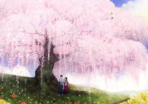 Anime picture 1100x778 with original tottome long hair black hair traditional clothes japanese clothes couple cherry blossoms scenic spring girl boy flower (flowers) bow plant (plants) hair bow animal petals tree (trees) bird (birds)