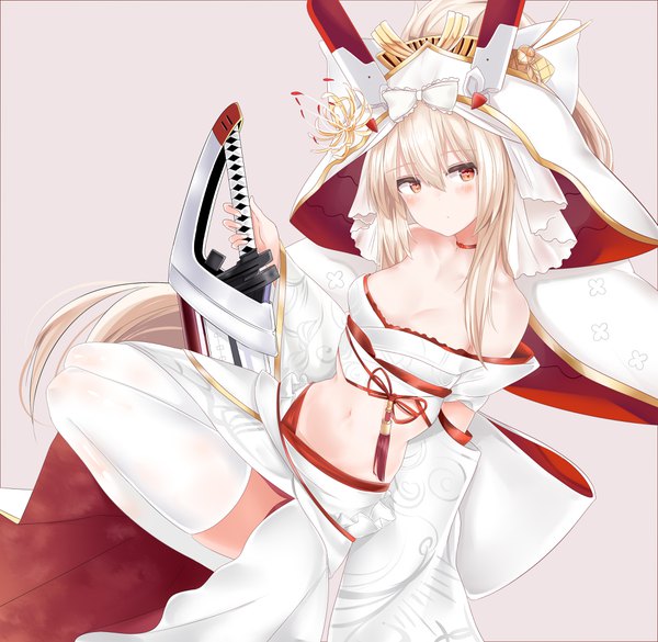 Anime picture 4000x3900 with azur lane ayanami (azur lane) ayanami (demon's dress) (azur lane) ru zhai single long hair blush fringe highres breasts light erotic blonde hair simple background hair between eyes red eyes sitting bare shoulders holding looking away absurdres