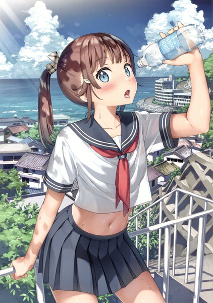 Anime picture 4680x6651 with original kantoku single long hair tall image looking at viewer blush fringe highres open mouth blue eyes brown hair standing holding absurdres cloud (clouds) outdoors ponytail pleated skirt arm up