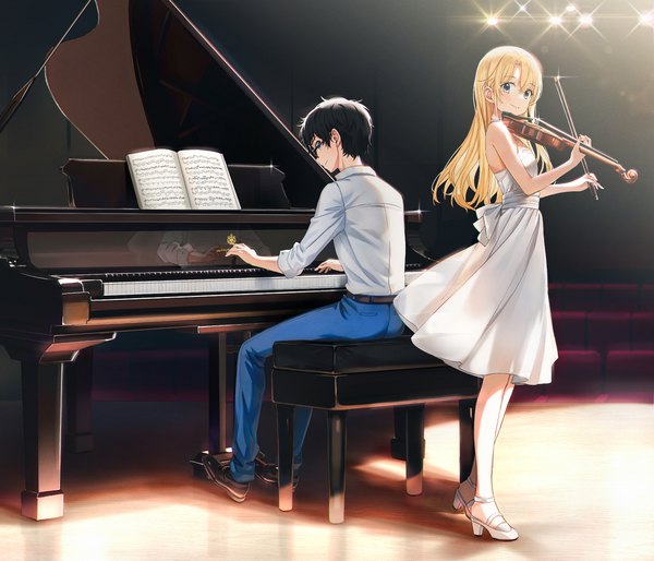 Anime picture 2000x1715 with shigatsu wa kimi no uso a-1 pictures miyazono kaori arima kousei dr poapo long hair looking at viewer fringe highres short hair blue eyes black hair blonde hair smile hair between eyes standing sitting bare shoulders full body indoors