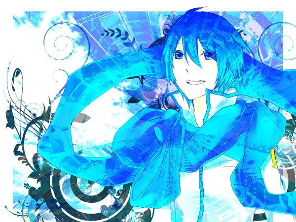 Anime picture 1404x1057 with vocaloid kaito (vocaloid) single blue eyes smile blue hair boy scarf uinndo