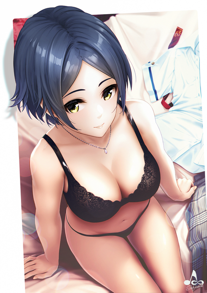 Anime picture 1300x1839 with idolmaster idolmaster cinderella girls hayami kanade infinote single tall image looking at viewer blush fringe short hair breasts light erotic smile large breasts signed yellow eyes blue hair cleavage from above arm support
