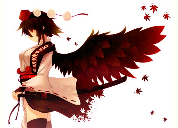 Anime picture 1200x860 with touhou shameimaru aya ai takurou single short hair light erotic black hair simple background red eyes white background traditional clothes profile kourindou tengu costume girl thighhighs weapon black thighhighs hat sword wings