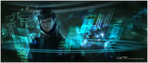 Anime picture 1110x477 with star trek spock xiling (rohmer) single short hair black hair wide image pointy ears inscription glowing space boy star (stars) planet