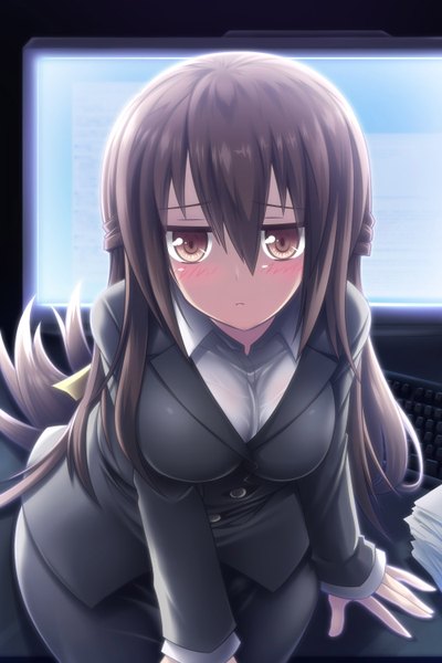 Anime picture 1000x1500 with himouto! umaru-chan doga kobo kanau (himouto!) akatuti single long hair tall image looking at viewer blush breasts brown hair large breasts brown eyes leaning leaning forward office lady girl skirt shirt white shirt