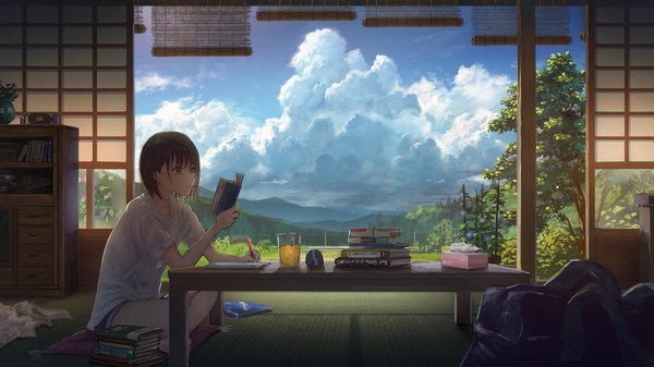 Anime picture 2304x1296 with original sugi87 single fringe highres short hair black hair hair between eyes wide image sitting brown eyes payot sky cloud (clouds) indoors mountain landscape summer indian style reading