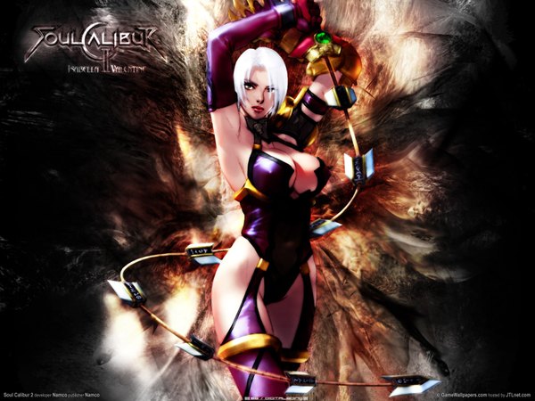 Anime picture 1600x1200 with soulcalibur ivy single fringe breasts light erotic green eyes white hair hair over one eye inscription armpit (armpits) wallpaper girl gloves weapon pantyhose elbow gloves claws