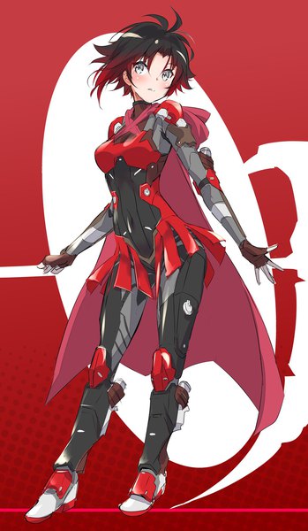 Anime picture 1164x2000 with rwby rooster teeth ruby rose iesupa single tall image short hair breasts black hair simple background standing looking away full body red hair parted lips grey eyes alternate costume gradient hair girl gloves