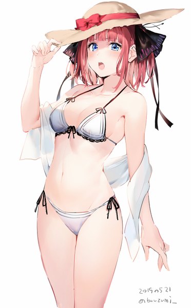 Anime picture 2541x4096 with go-toubun no hanayome nakano nino umibouzu (niito) single tall image looking at viewer blush fringe highres short hair breasts open mouth blue eyes light erotic simple background standing white background bare shoulders signed red hair