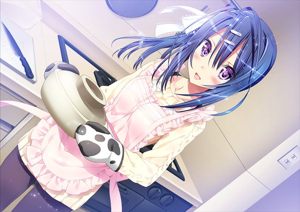 Anime picture 1024x725 with friends (game) kamiya maneki single blush short hair open mouth purple eyes blue hair game cg cooking girl hair ornament hairclip apron sweater oven mittens