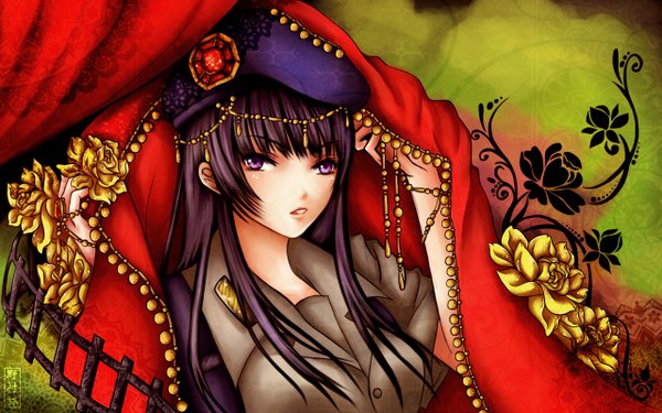 Anime picture 2560x1600 with original single long hair highres wide image purple eyes purple hair girl uniform flower (flowers) military uniform