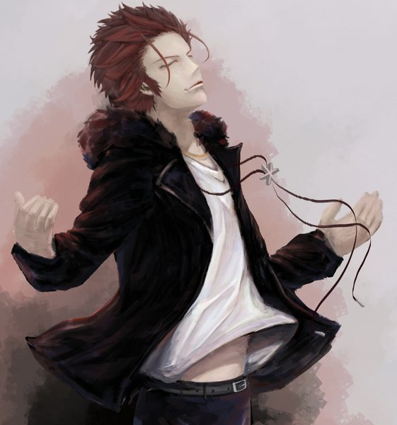 Anime picture 1821x1948 with k-project gohands (studio) mikoto suoh tagme (artist) single tall image highres short hair smile red hair eyes closed lips boy belt coat