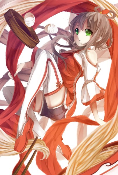 Anime picture 1181x1748 with vocaloid vocaloid china luo tianyi tagme (artist) single long hair tall image looking at viewer fringe brown hair bare shoulders green eyes braid (braids) girl thighhighs food shorts chopsticks