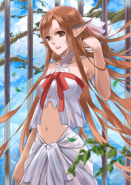 Anime picture 2480x3507 with sword art online a-1 pictures yuuki asuna titania (alo) gu-ko citemer single long hair tall image highres open mouth brown hair brown eyes pointy ears midriff girl navel wings