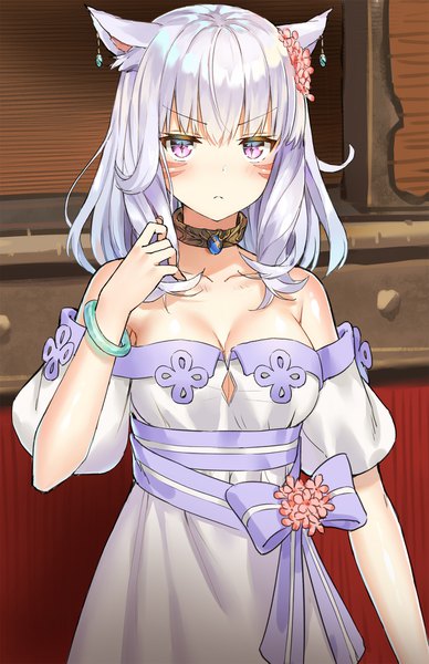 Anime picture 1338x2069 with final fantasy final fantasy xiv square enix miqo'te 5ya single long hair tall image looking at viewer fringe breasts hair between eyes standing purple eyes bare shoulders animal ears cleavage silver hair indoors hair flower