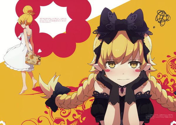 Anime picture 4911x3500 with bakemonogatari shaft (studio) monogatari (series) milky been! (ogipote) - anime yorozu ira hon (artbook) milky been! (ogipote) - shino book (artbook) oshino shinobu ogipote long hair fringe highres blonde hair simple background bare shoulders yellow eyes absurdres braid (braids) barefoot pointy ears scan hair bun (hair buns)