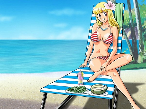 Anime picture 1152x864 with kochikame akimoto katherine reiko blue eyes light erotic blonde hair smile beach striped swimsuit bikini