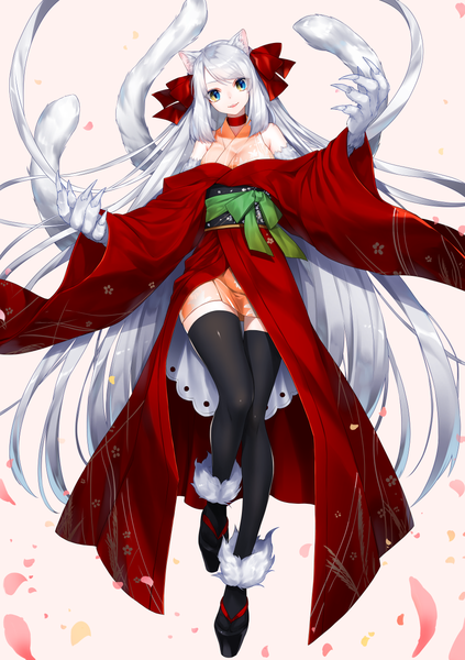 Anime picture 900x1275 with original waka (shark waka) single tall image looking at viewer fringe breasts blue eyes simple background smile standing white background bare shoulders animal ears yellow eyes full body bent knee (knees) white hair tail long sleeves
